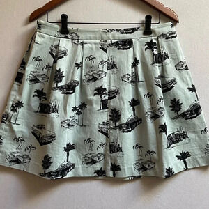 Twik Vintage Car Print Mini Cotton Pleated Skirt Green Graphic Retro Size L